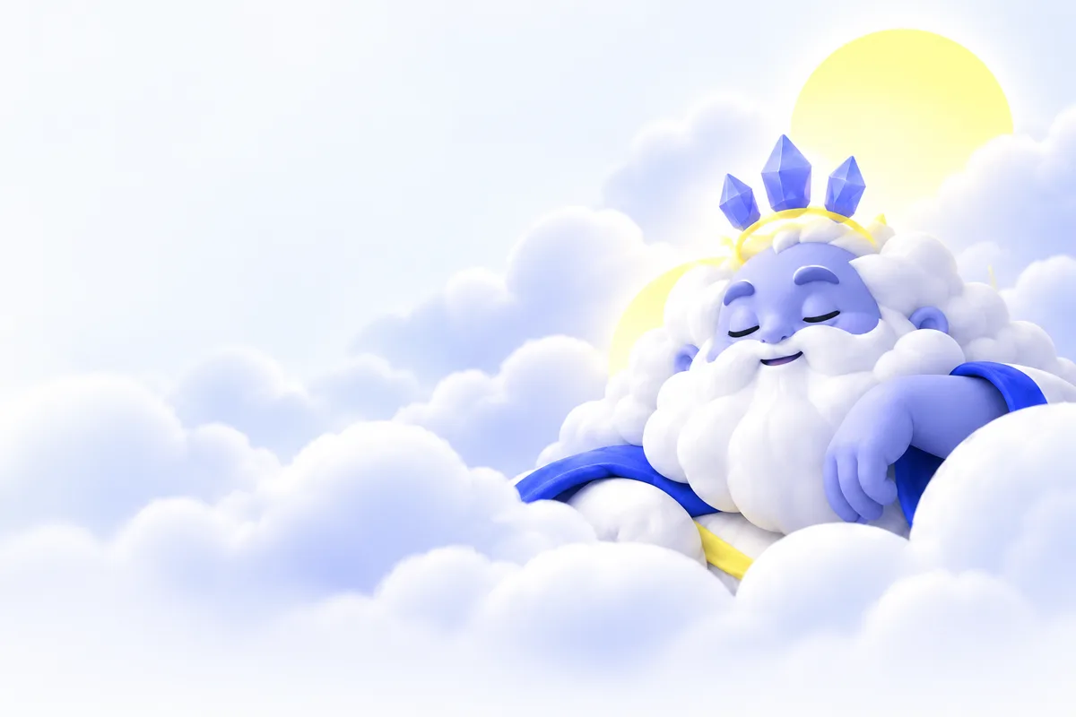 Gosh, a kind old sky-god with a cloud beard and a crystal crown, resting on the clouds at sunrise